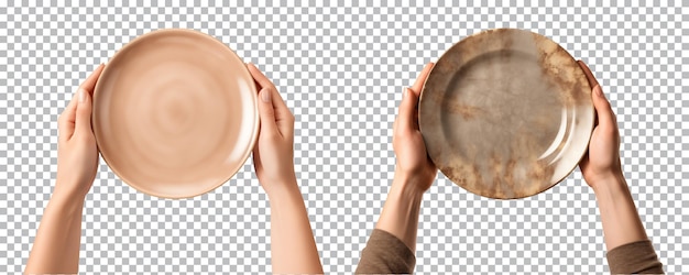 La mano sostiene un plato vacío en un fondo transparente vista superior