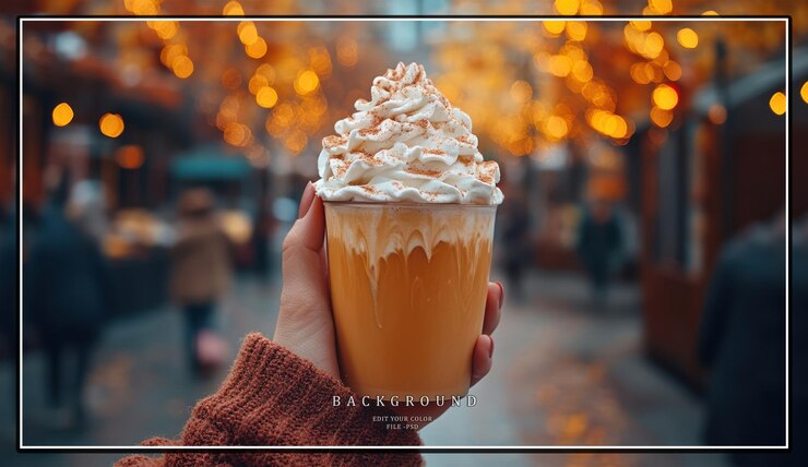 PSD una mano sostiene una taza de latte de especias de calabaza con crema batida en una atmósfera festiva