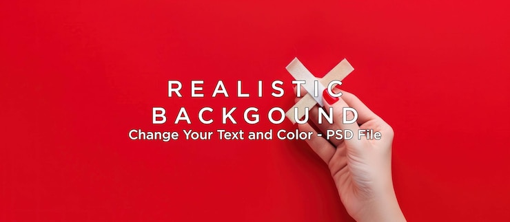 PSD la mano sostiene una tela blanca y beige x sobre un fondo rojo