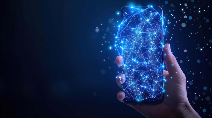PSD una mano sostiene un teléfono inteligente con un diseño de red digital azul brillante en el centro de la pantalla