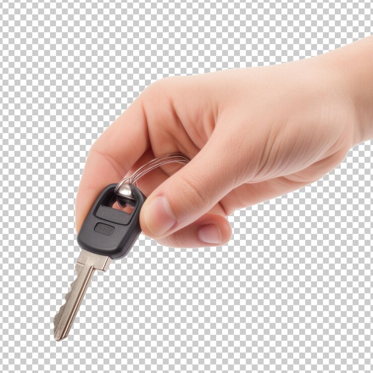 PSD mano sujetando la llave del coche aislada sobre fondo transparente