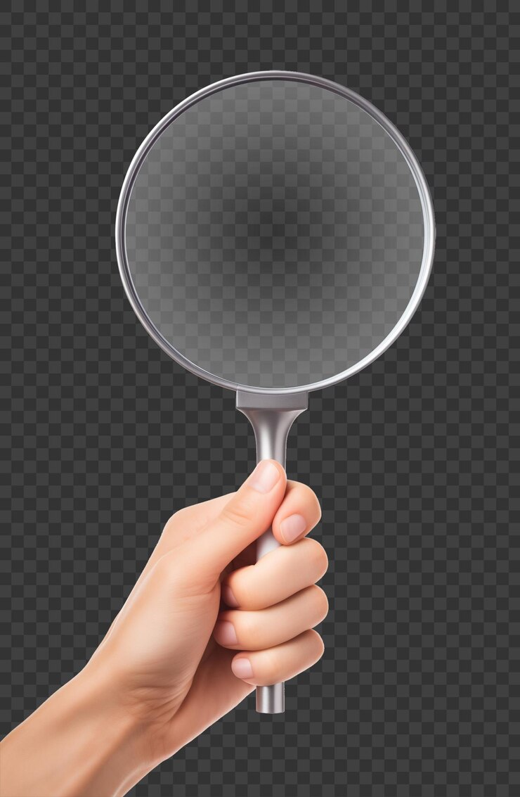 PSD mano sujetando lupa aislada sobre fondo transparente