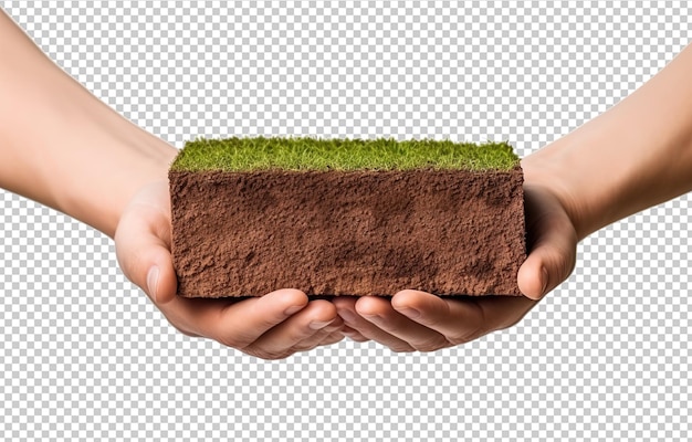PSD mano super realista sosteniendo una rebanada cuadrada de tierra con hierba verde ordenada y suelo marrón llano fondo blanco ar 149 estilo crudo id de trabajo db778220a9874a539005758817a2dc7f