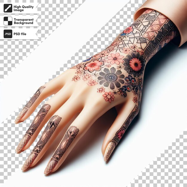PSD una mano con un tatuaje de flor en ella que dice flor en ella