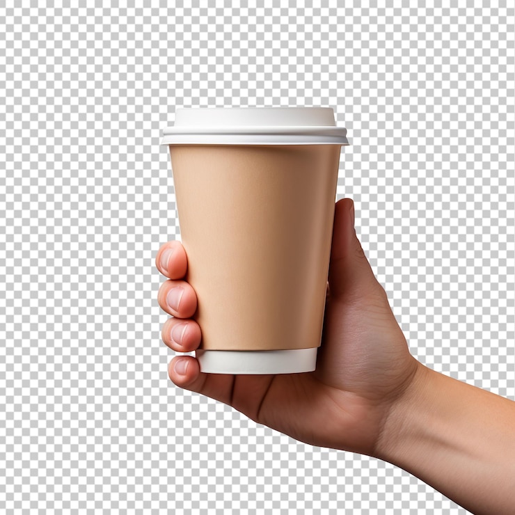 PSD mano con taza de papel de café aislada sobre un fondo transparente