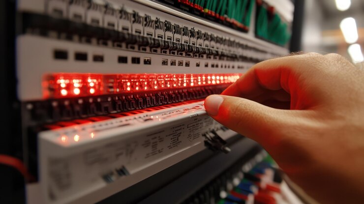 PSD la mano del técnico ajustando un rack de servidor con luces led rojas iluminadas centro de datos de tecnología de infraestructura de red panel de control de sistema de vista cercana