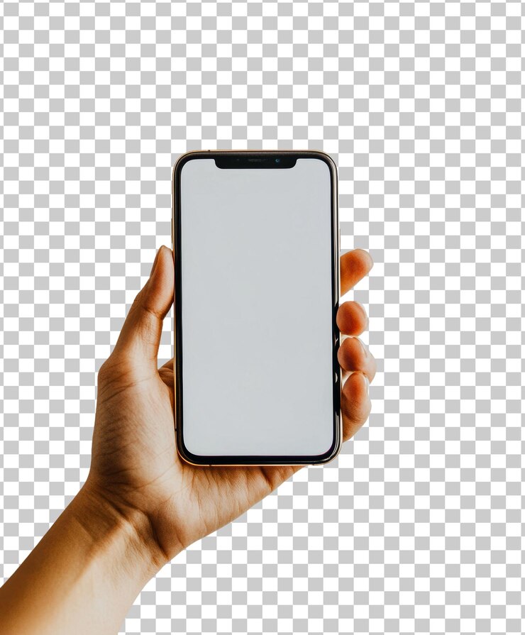 PSD mano con teléfono inteligente en blanco aislado en un fondo transparente