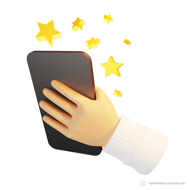La mano con un teléfono inteligente y el envío de iconos de estrellas El concepto de evaluaciones de estrellas de calificación de servicio