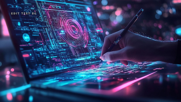 PSD la mano usando el lápiz en la computadora portátil que muestra la interfaz de neón futurista