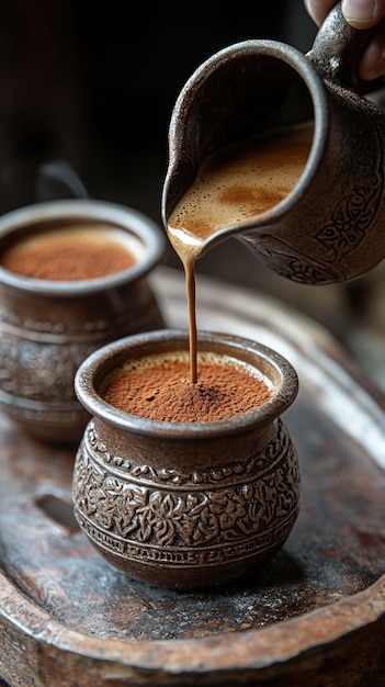 Una mano vierte café de una jarra de arcilla en una tradicional taza de arcilla