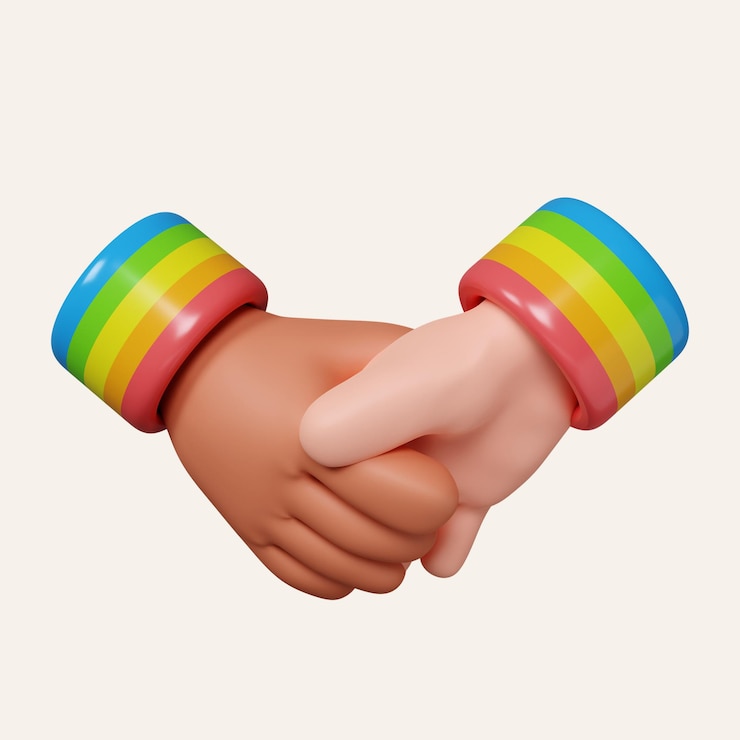 PSD manos 3d con diferentes colores de piel sosteniéndose el uno al otro icono del mes del orgullo lgbt aislado en fondo blanco ilustración de renderización 3d camino de recorte