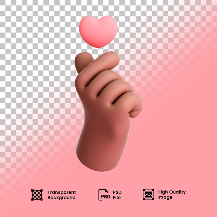 PSD manos 3d mini gesto de amor con corazón rojo expresión de amor kpop coreano aislado