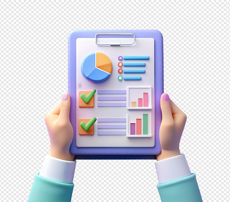 PSD manos 3d sosteniendo el portapapeles con gráficos y gráficos aislados fondo transparente
