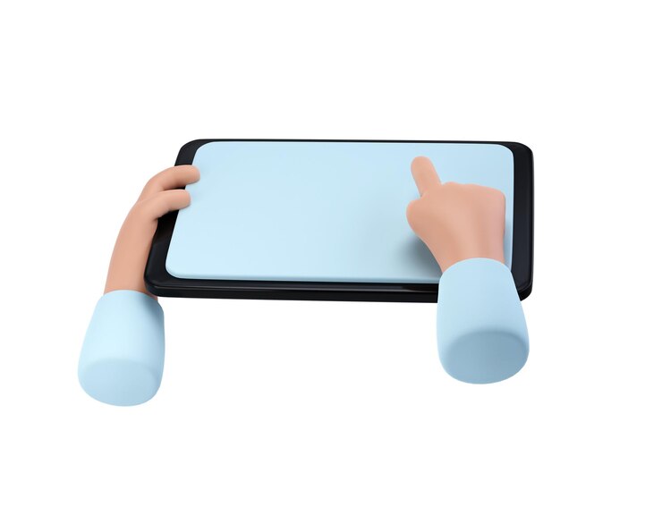 PSD manos 3d usando el icono de maqueta de la tableta ilustración transparente de la mano de dibujos animados que sostiene la tableta
