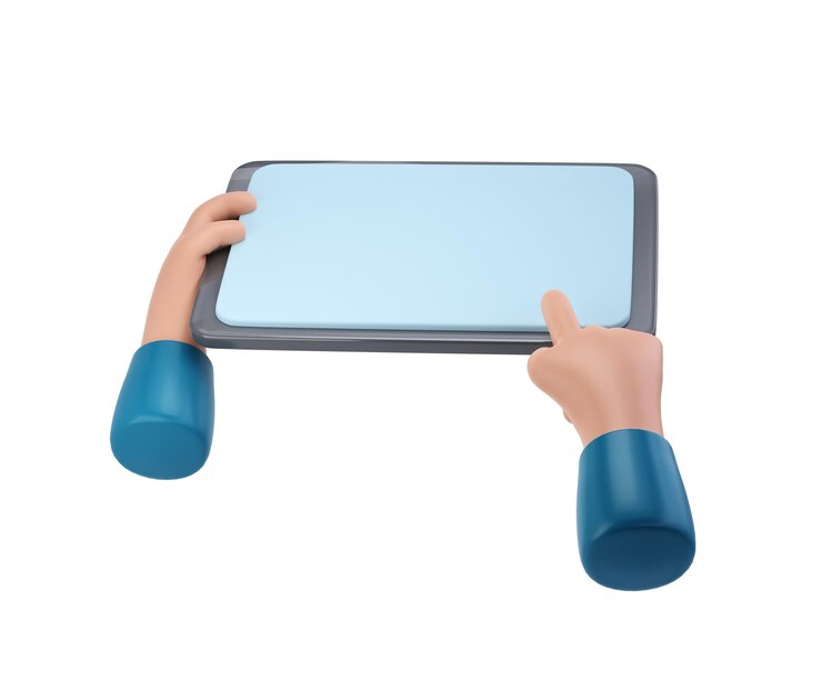 PSD manos 3d usando el icono de maqueta de la tableta ilustración transparente de la mano de dibujos animados que sostiene la tableta