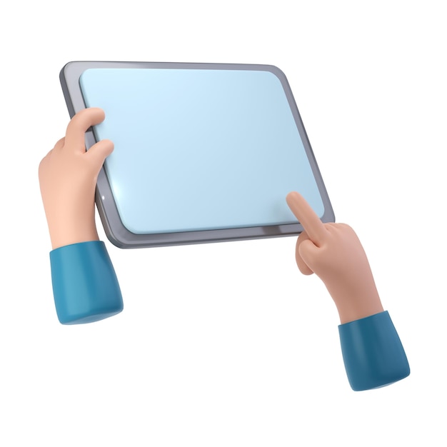 Manos 3D usando el icono de maqueta de tableta Mano de dibujos animados sosteniendo tableta aislada ilustración png transparente