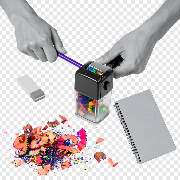 Las manos afilan el lápiz de color con el afilador de lápices