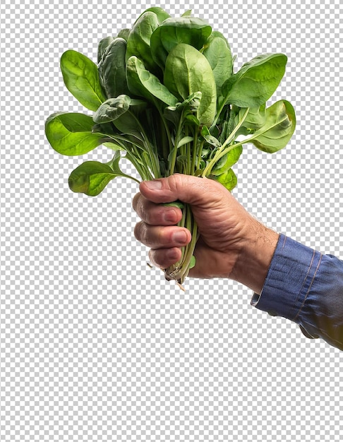 Las manos arrancan la planta de espinaca junto con las raíces aisladas fondo transparente