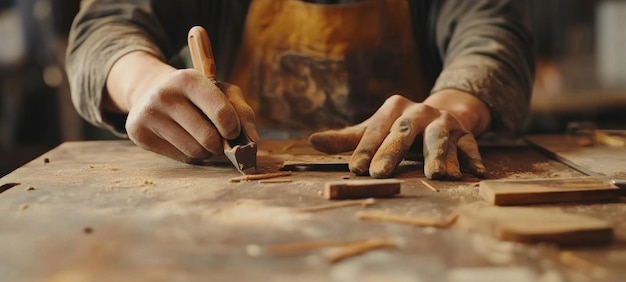 Las manos de los artesanos moldeando la madera Un primer plano de la carpintería detallada