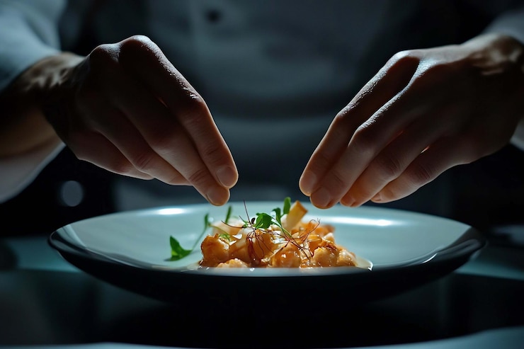 PSD las manos de los cocineros arreglan delicadamente la guarnición en un plato gourmet