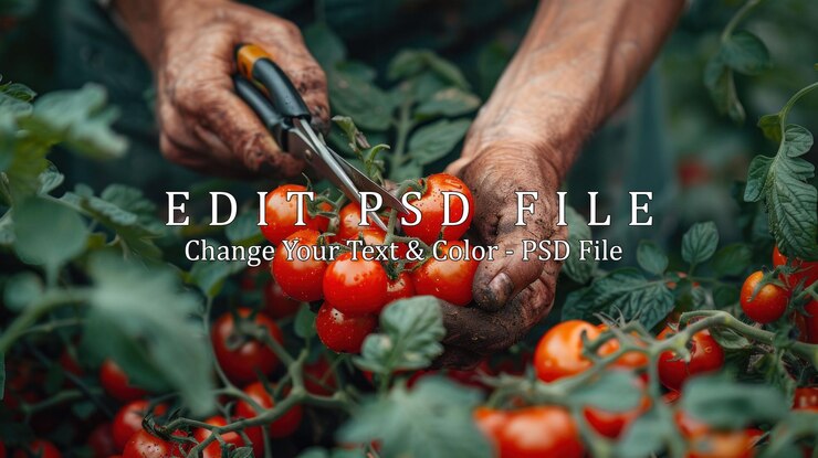 PSD manos cosechando tomates maduros en un jardín exuberante