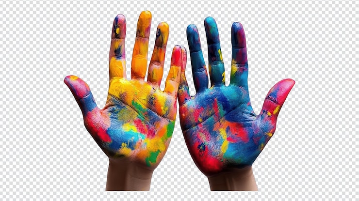 PSD manos cubiertas de pinturas vibrantes que muestran creatividad y expresión artística ideales para un proyecto de arte o actividad artesanal