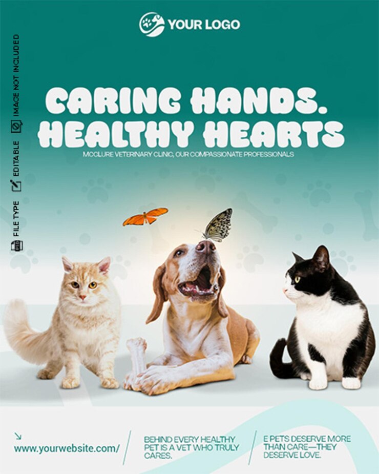PSD manos cuidadosas corazones sanos cartel de la clínica de cuidado de mascotas