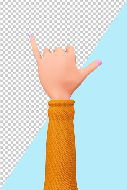 Las manos de dibujos animados en 3D muestran el gesto de paz. Manos de mujer con gesto de victoria. Render 3D.