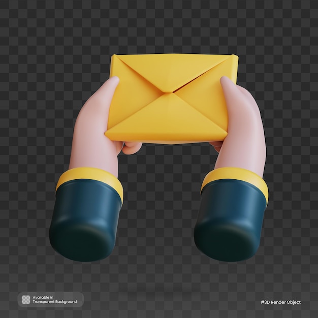 Manos de dibujos animados en 3D sosteniendo un sobre amarillo