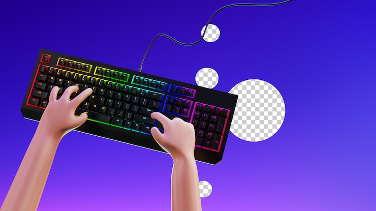 PSD manos de dibujos animados y teclado con render 3d de retroiluminación rgb manos escribiendo en el teclado