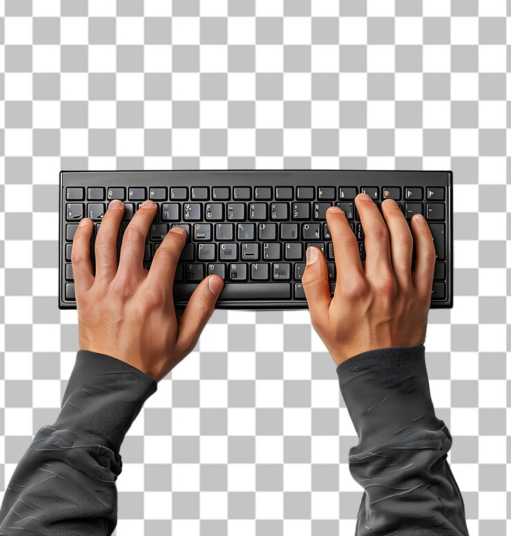 PSD manos elegantes masculinas en un teclado de computadora sobre un fondo transparente