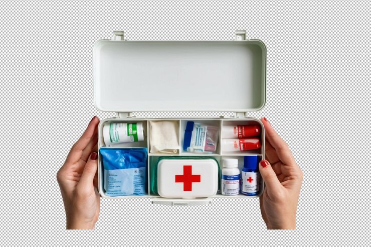 PSD manos femeninas sosteniendo una caja de botiquín de primeros auxilios con suministros médicos esenciales