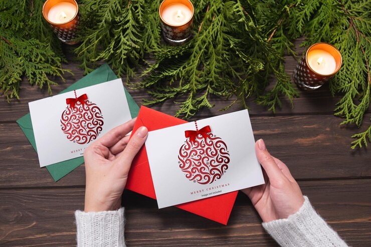 PSD manos femeninas sosteniendo una tarjeta de navidad y una maqueta de sobre para navidad