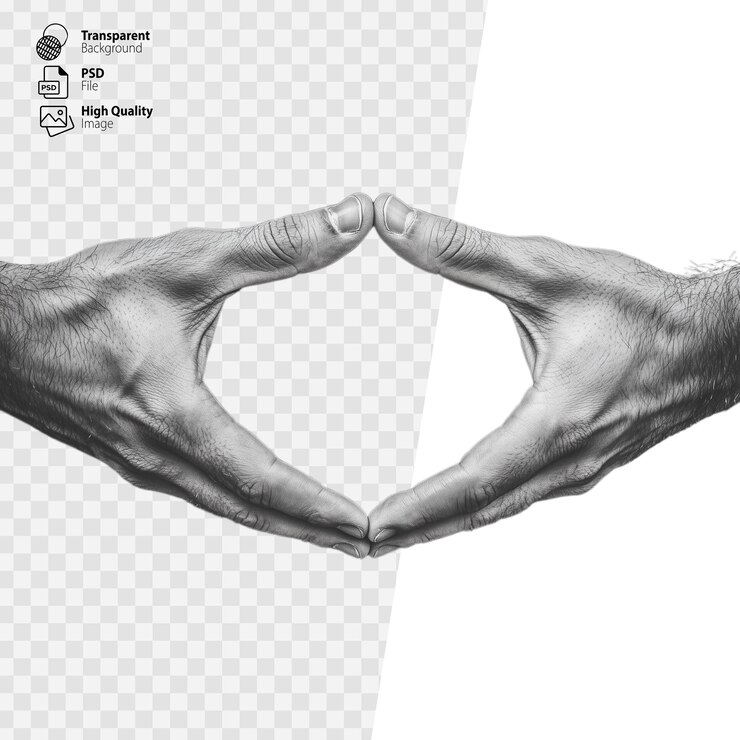 PSD manos en forma de corazón en blanco y negro sobre un fondo transparente