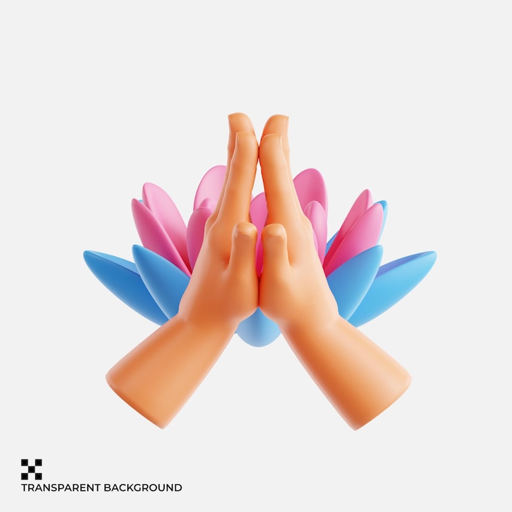PSD las manos en gesto de oración con la flor de loto rosa y azul