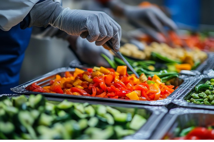 PSD manos con guantes sirviendo pimientos de colores y otras verduras de las bandejas de buffet