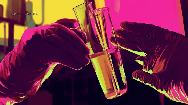 PSD manos con guantes sostienen dos tubos de ensayo con líquido en un laboratorio