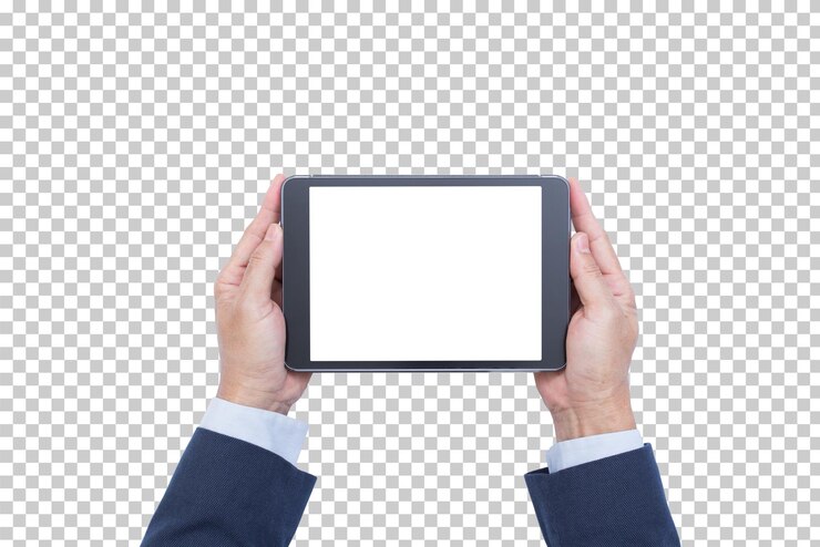 PSD manos del hombre de negocios que sostienen la tableta de la pantalla en blanco aislada