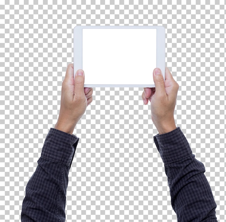 PSD manos del hombre de negocios que sostienen la tableta de la pantalla en blanco aislada