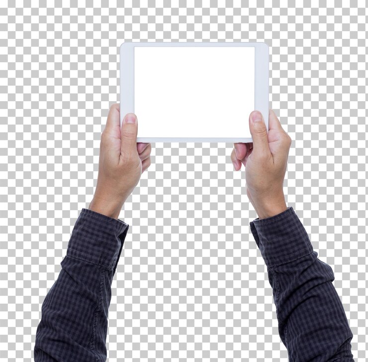 PSD manos del hombre de negocios que sostienen la tableta de la pantalla en blanco aislada