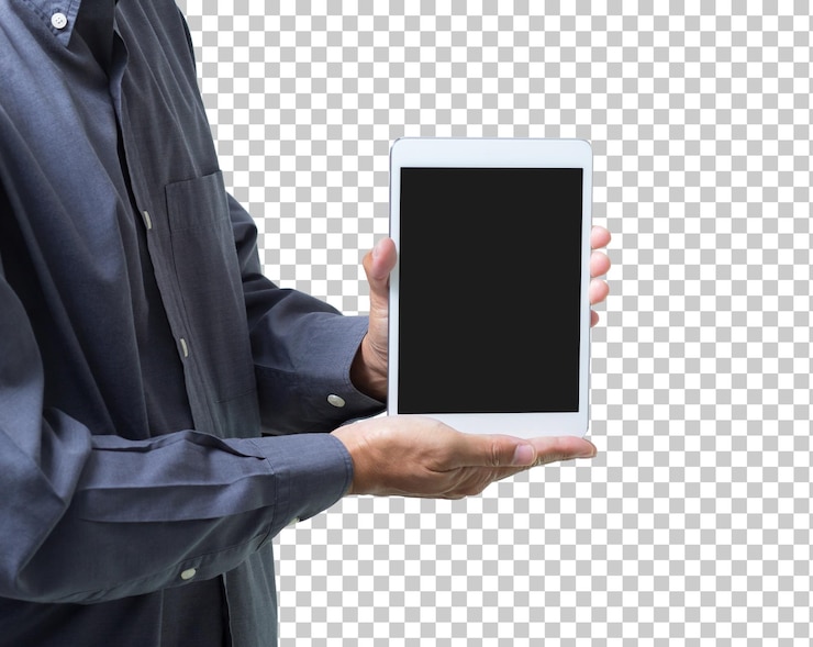 PSD manos del hombre de negocios que sostienen la tableta de la pantalla en blanco aislada