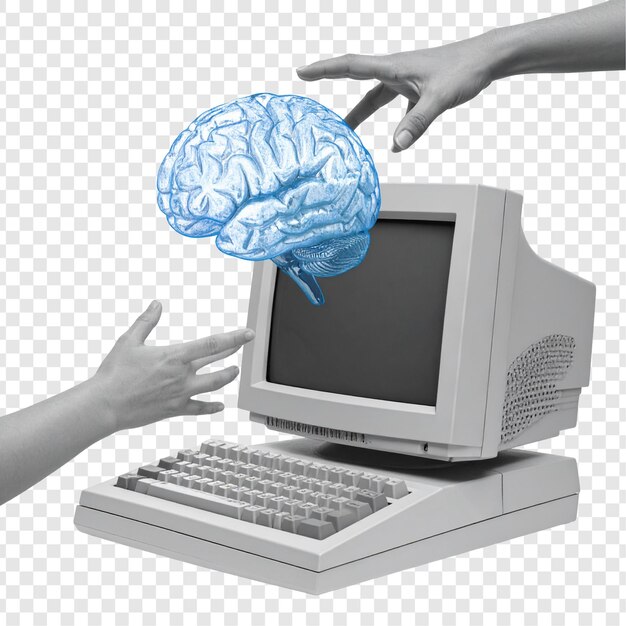 Manos humanas interactuando con computadora y cerebro concepto de tecnología retro