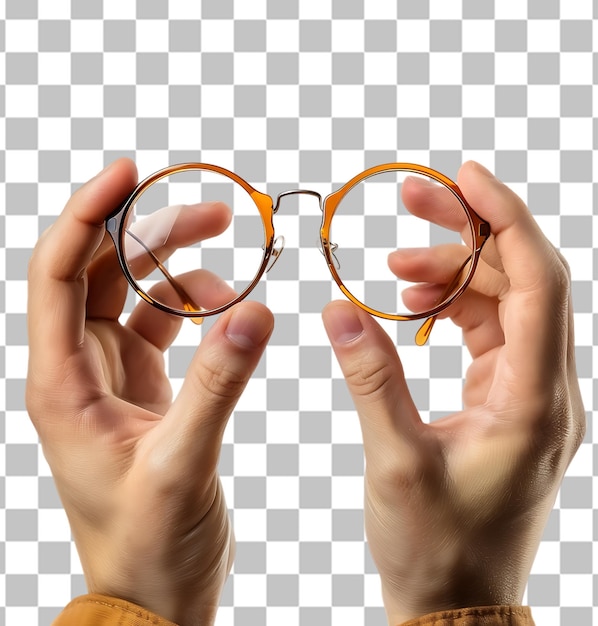 Manos humanas sosteniendo gafas de estilo retro en un fondo transparente