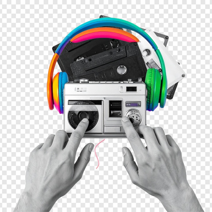 PSD las manos interactuando con dispositivos de audio de colores