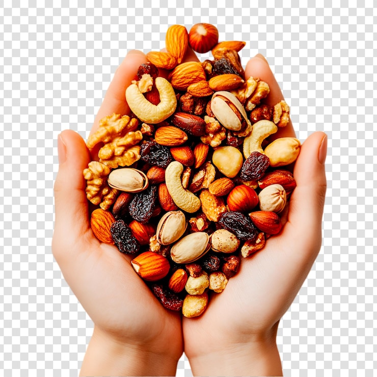 PSD manos llenas de nueces y pasas mixtas bocadillo saludable