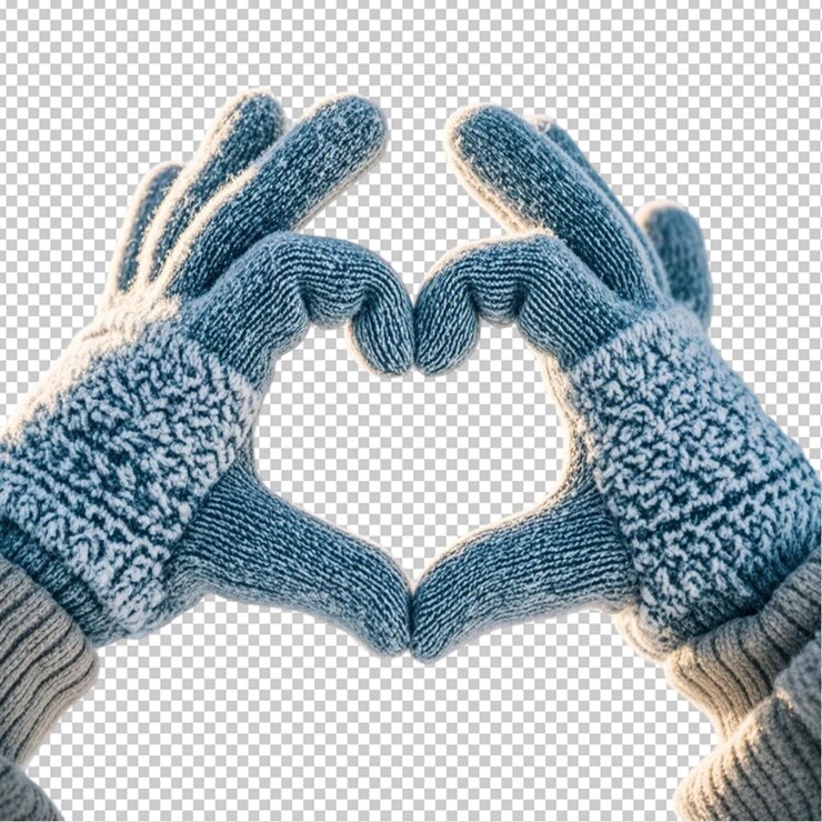 PSD las manos de las mujeres con guantes de invierno hacen la forma de un corazón con un fondo transparente.