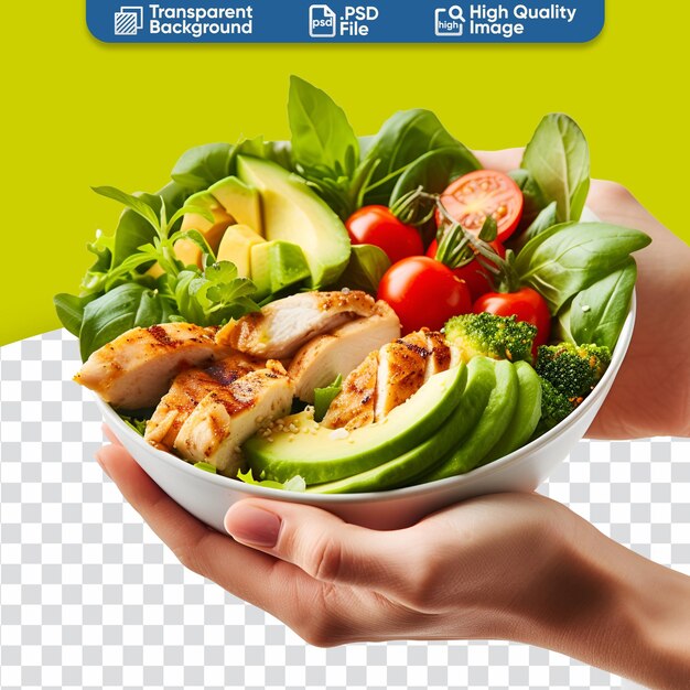 PSD las manos de las mujeres presentan un plato de ensalada, tomates, pollo, aguacate y verduras para una alimentación saludable.