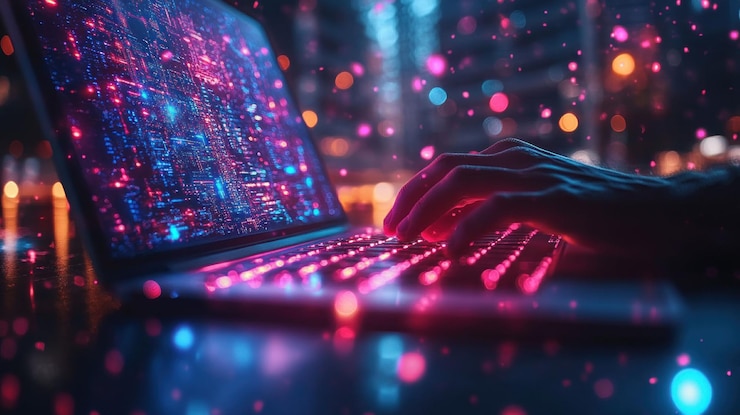 PSD las manos de una persona escribiendo en una computadora portátil con una pantalla brillante que muestra datos digitales la computadora portatil está iluminada por luces de colores