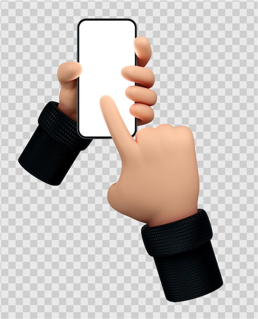 PSD manos de personaje de dibujos animados lindo sosteniendo smartphone gesto 3d render aislado