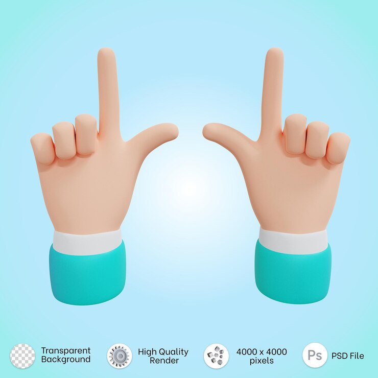 PSD manos posando apuntando hacia arriba icono en renderizado 3d